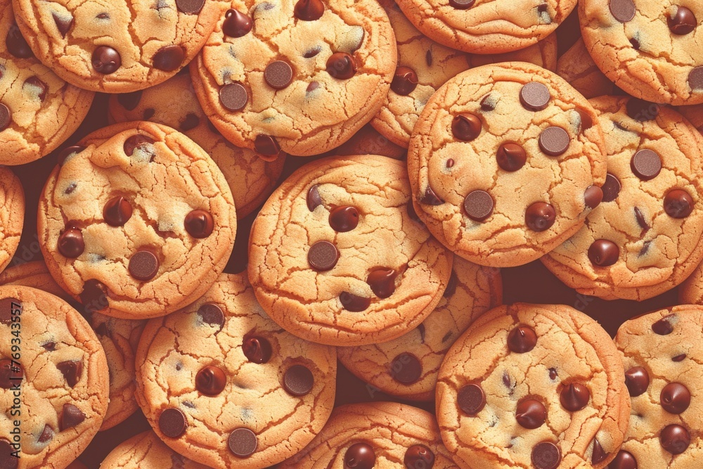 A pile of chocolate chip cookies with chocolate chips on top A pile of chocolate chip cookies with chocolate chips on top