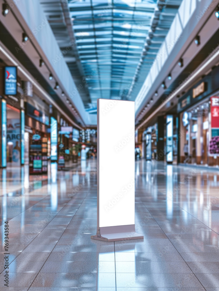 A white sign stands in a large, empty shopping mall
