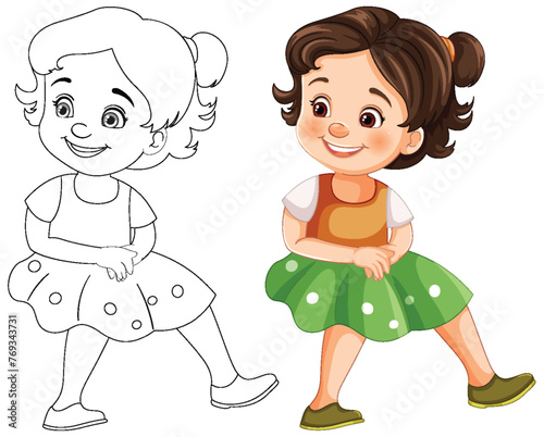 Colorful and line art illustrations of a happy girl