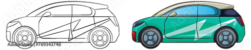 Vector illustration of a car, from outline to colored design.