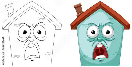 Two houses with human-like facial expressions.