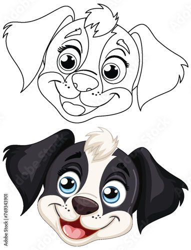 Cartoon puppy faces in sketch and color versions.