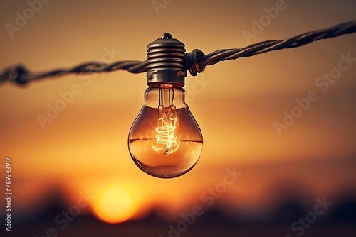 Vintage light bulb hanging on the rope with sunset sky background.