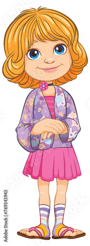 Cartoon illustration of a smiling young girl standing.