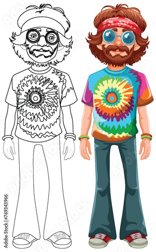 Colorful hippie with tie-dye shirt and headband.