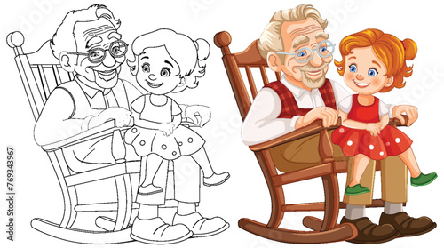 Colorful and line art of grandparent with child