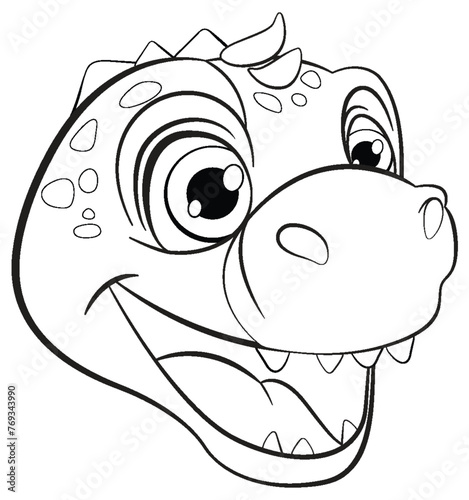 Black and white illustration of a smiling dinosaur.