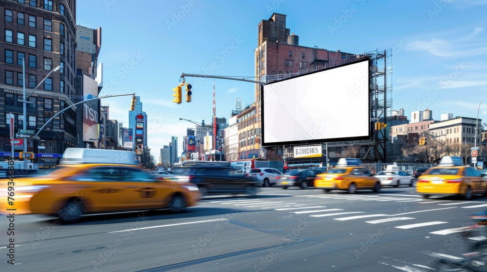A bustling city street with a blank billboard, taxis and cars in motion blur, and pedestrians under a clear blue sky.
