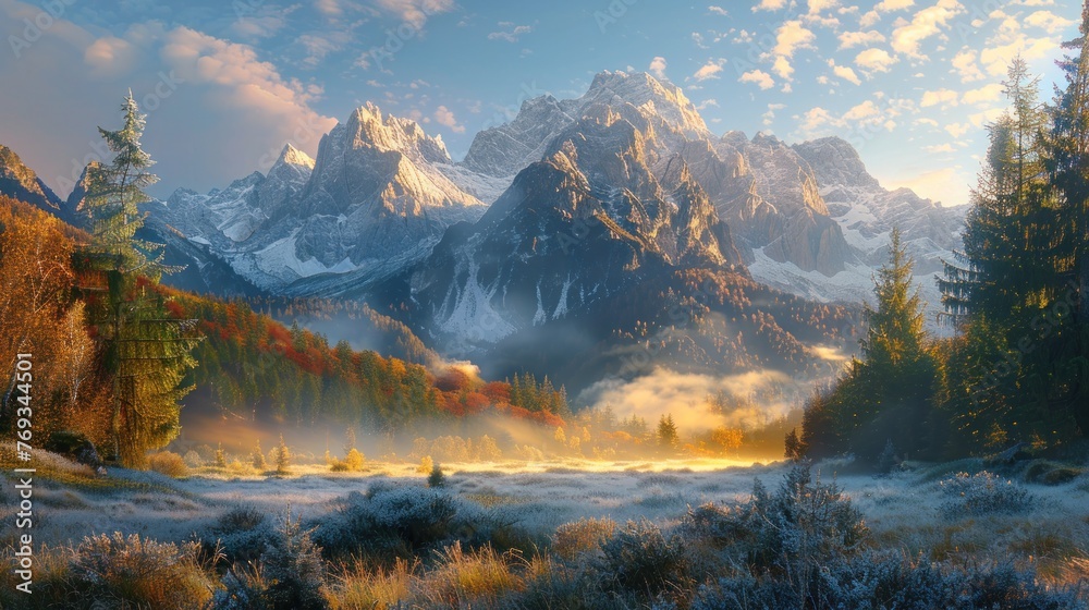 Autumn Sunrise in the Frosty Mountain Valley Golden sunlight bathes a frost-kissed mountain valley in autumn, highlighting the contrasting warm and cool tones of the landscape. Autumn Sunrise in the Frosty Mountain Valley Golden sunlight bathes a frost-kissed mountain valley in autumn, highlighting the contrasting warm and cool tones of the landscape.