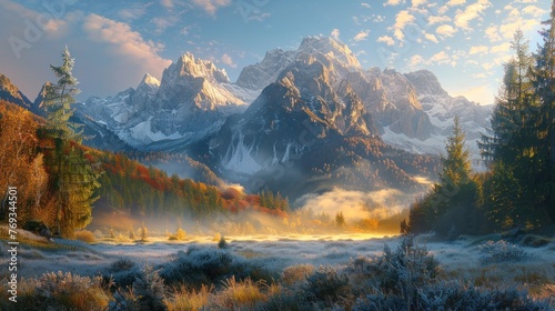Autumn Sunrise in the Frosty Mountain Valley Golden sunlight bathes a frost-kissed mountain valley in autumn, highlighting the contrasting warm and cool tones of the landscape.