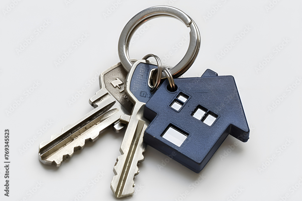 Metal keychain in the form of a house on a white background. Metal keychain in the form of a house on a white background.