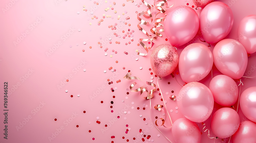 Background with festive copy space pink balloons with gold sparkles and glitter confetti, girl birthday party background,  Christmas, New Year, promotion social media cover.