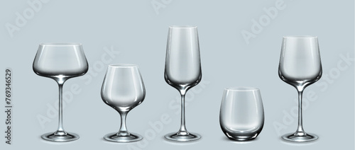 Empty cocktail drink glass transparent vector. Glassware cup set. Realistic isolated crystal clean 3d tableware object design mockup for restaurant. Blank champagne and martini beverage stemware