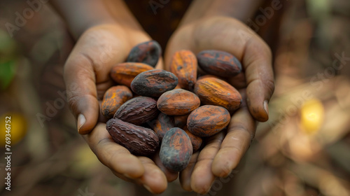 hand holding a handful of cocoa beans, Cocoa cultivation concept