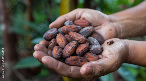 hand holding a handful of cocoa beans, Cocoa cultivation concept