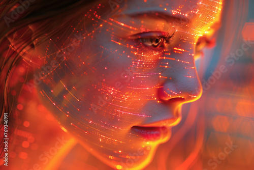 The face of a young woman in an orange computer light