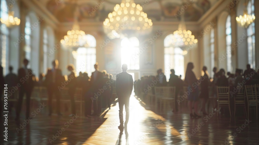 A man in motion, walking down a blurry hall during a graduation ceremony in a historic university