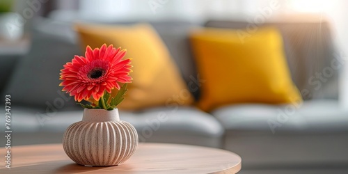 A white vase containing a vibrant red flower placed on a table in a home interior setting