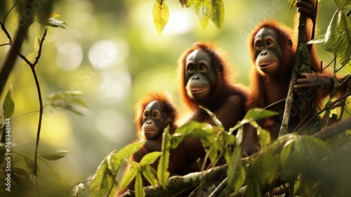 treetops with orangutan family in nature