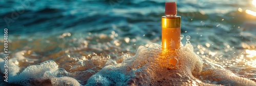 Bottle of tanning oil resting on the sandy beach,surrounded by the gently lapping waves of the turquoise ocean The warm,golden sunlight glistens on the surface