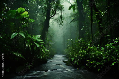 The sun's rays highlight the lush rainforest, highlighting the calm river flowing with moss-covered rocks
