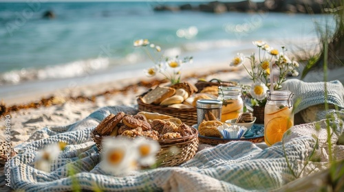 Picnic blanket adorned with an array of tantalizing snacks and refreshing drinks,inviting one to indulge in a seaside feast The scene exudes a sense of tranquility and the backdrop of the serene