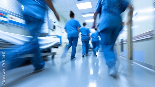 Medical staff in motion, walking down a hospital hallway