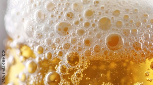 Detailed view of bubbles rising in a glass of beer, showcasing the effervescence and carbonation