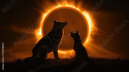 silhouette of a wolf and a dachshund howling together at an eclipse sun with solar flames around it above them in the sky, dark mood, suitable for a poster background, hyper realistic ​
