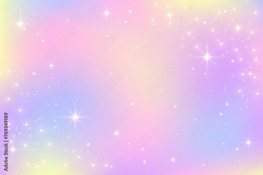 Color gradient background. Light rainbow pastel sky. Abstract iridescent vector texture with sparkles and stars. Soft pink and purple unicorn dreamy wallpaper with spectrum gradation.