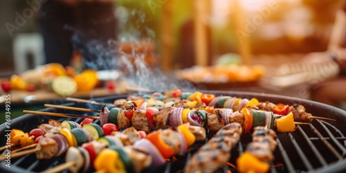 A close view of a grill with various skewers of food cooking on it during a summer barbecue in a backyard party photo