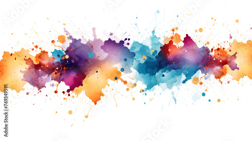 A vibrant watercolor panorama with a smooth transition from cool blues to warm reds and purples, resembling a sunset sky, dotted with lively paint droplets. on white and transparent background