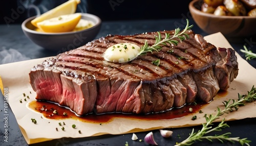 Beef Eye Rib Steak Pan-Seared with Garlic, Butter, Thyme