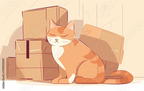 Moving concept. Cardboard boxes with various things from house, gold fish aquarium, cat, lamp. Hand drawn colored isolated illustrations. Cartoon style, trendy design