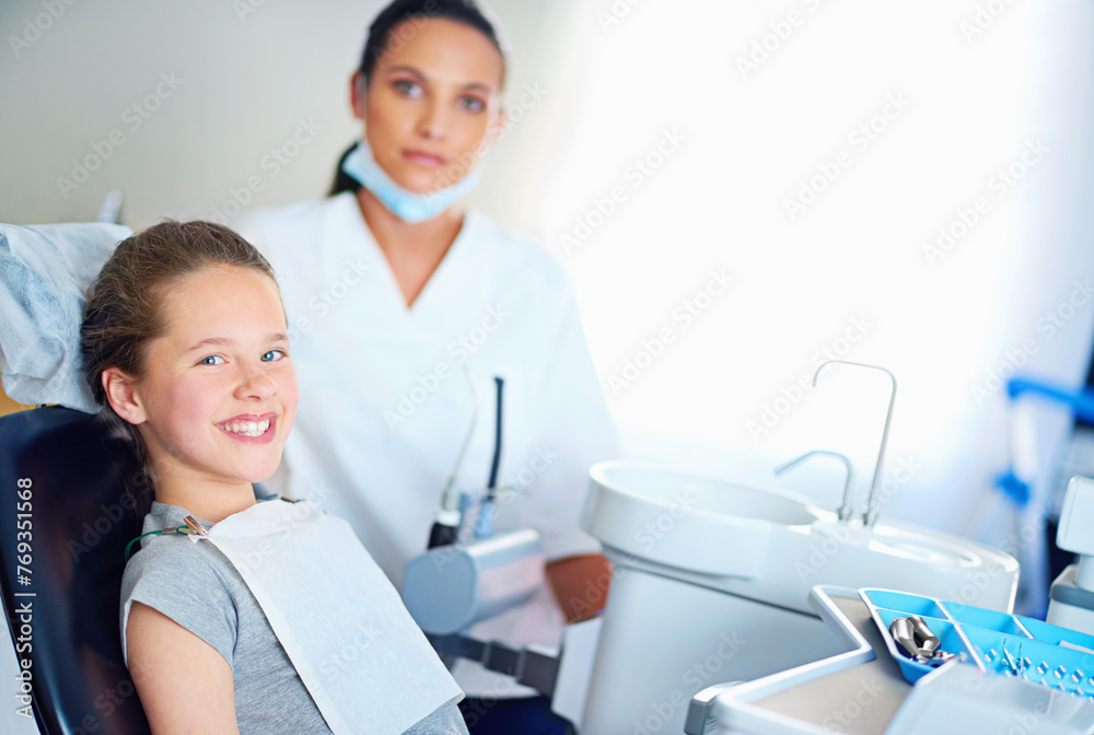 Dentist, clinic and portrait of child with smile for cleaning, teeth whitening and wellness. Healthcare, dentistry and woman and girl with tools for dental hygiene, oral care and medical services Dentist, clinic and portrait of child with smile for cleaning, teeth whitening and wellness. Healthcare, dentistry and woman and girl with tools for dental hygiene, oral care and medical services