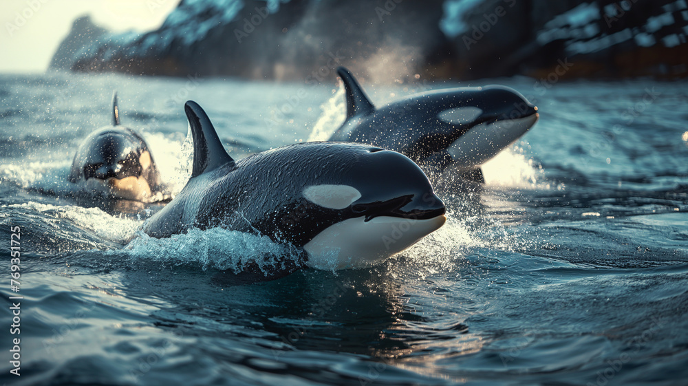 Orcas jumping to the surface of the blue sea
