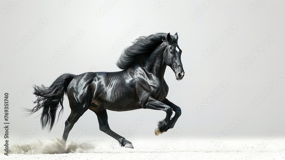 Obraz premium majestic black horse galloping in grey studio 
