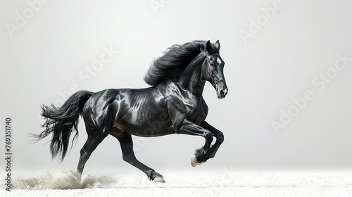 majestic black horse galloping in grey studio   © ArtisticALLY