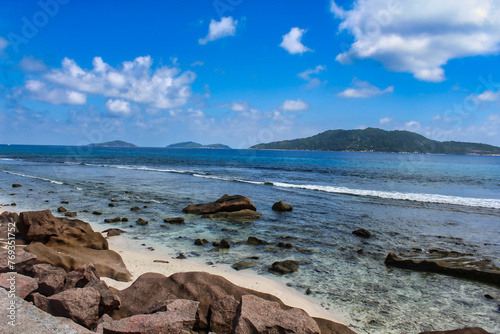 The blue waters off the Anse Reunion beaches on La Digue Island, Seychelles