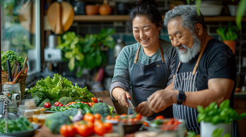 Lovely middle aged couple cooking vegetables together in the kitchen