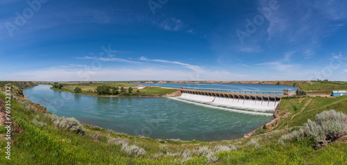 View of the river dam in the country; Bassano Dam, Alberta, Canada