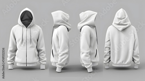Blank hooded sweatshirt mockup with zipper in front, side and back views