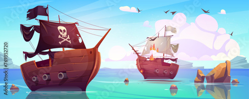 Shipwreck after pirate ship attack. Vector cartoon illustration of sailboat burning, vintage corsair vessel with jolly roger skull on black flag, clouds and birds in summer sky, stones above sea
