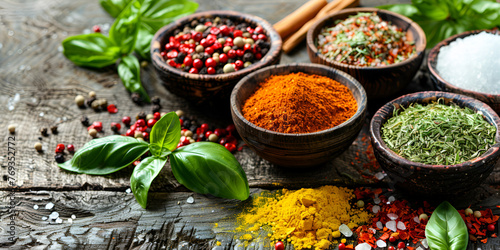 Colorful spices and herbs on a wooden background. Variety of spices on kitchen table. 