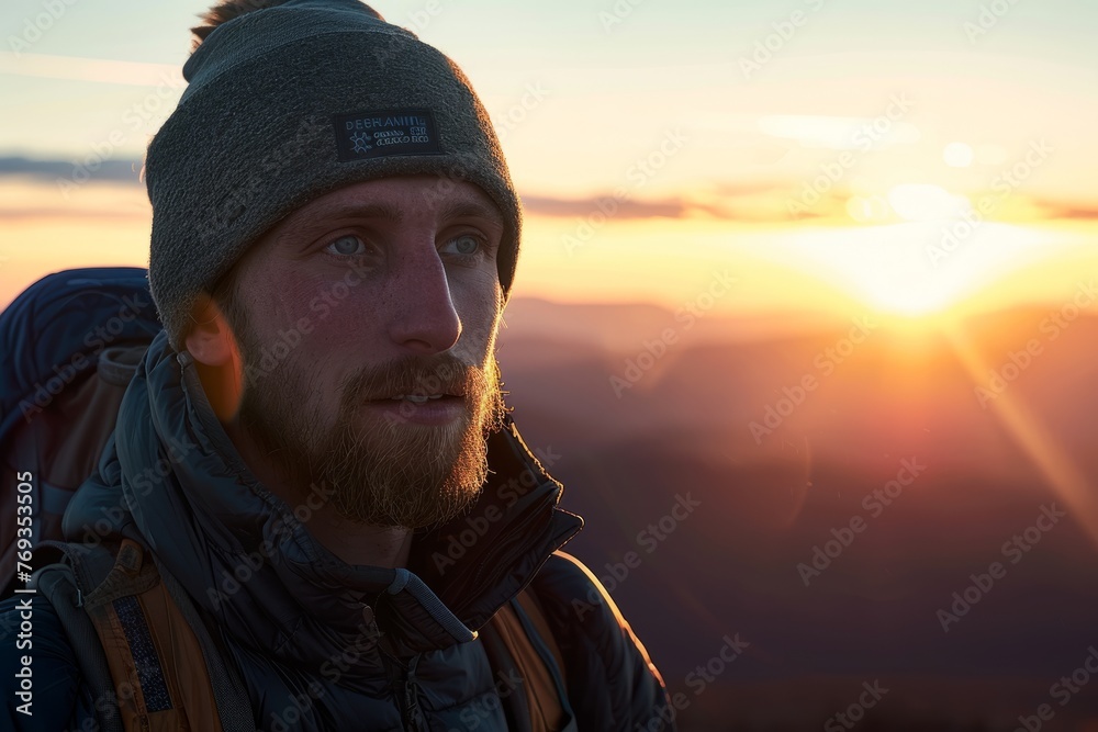 A man with a beard wearing a beanie stands on the top of a mountain, overlooking the landscape