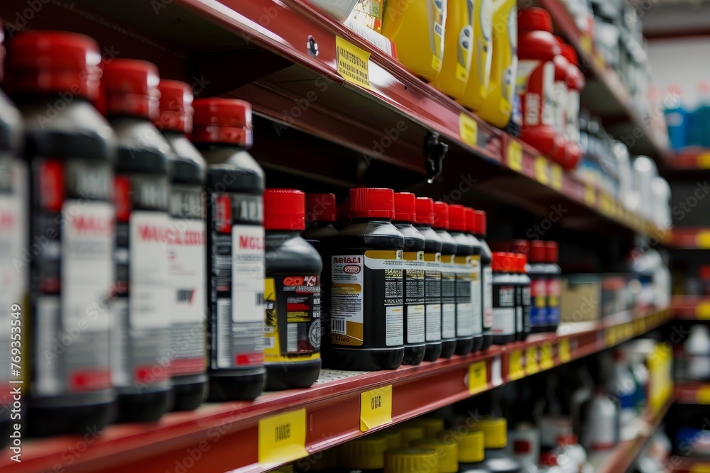 A closeup view of a store shelf filled with numerous bottles of motor oil, showcasing a variety of brands and types on display