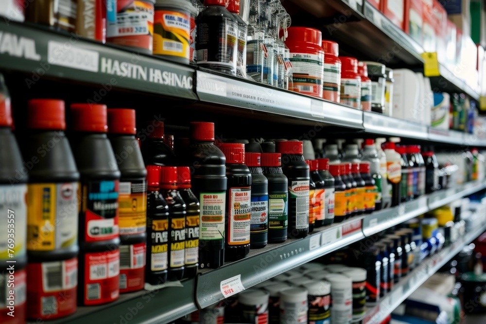 A store filled with numerous bottles of liquid, focusing on a specific section highlighting automotive products on shelves
