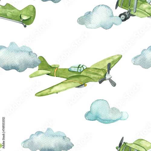 Watercolor seamless pattern with military aircraft, air transport for children's prints © MarinaErmakova