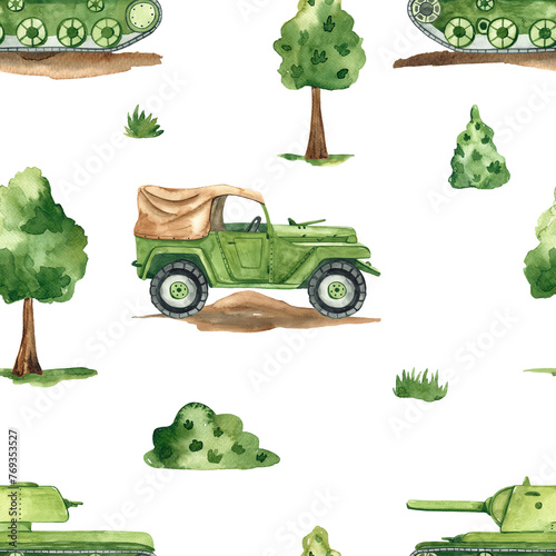Watercolor seamless pattern with military equipment, tank, car, military transport, trees, bushes, military print © MarinaErmakova