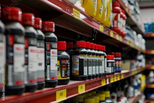 A closeup view of a store shelf filled with numerous bottles of motor oil, showcasing a variety of brands and types on display